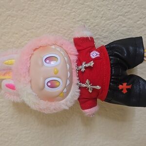 Luxury Labubu Clothes-Red Shirt With Leather Shorts & Chain.